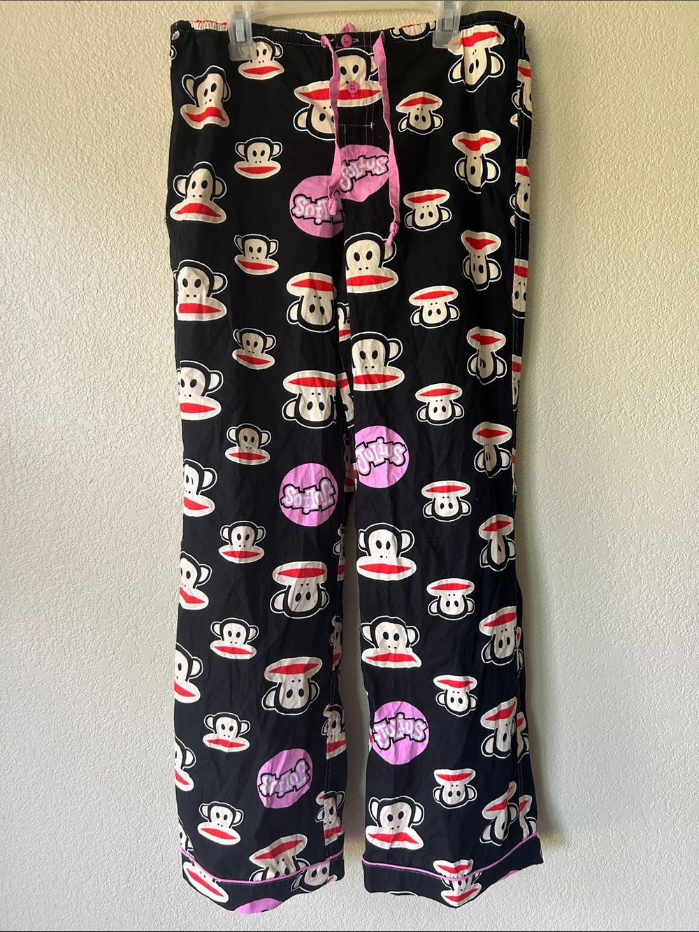 Paul Frank Black Lounge Pants with Julius and Pink Logo Circles, Sz XS